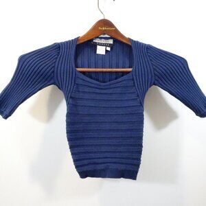 Wayne Rogers Silk Spandex Ribbed Square Neck 3/4 Sleeve Sweater Size S Y2K Blue